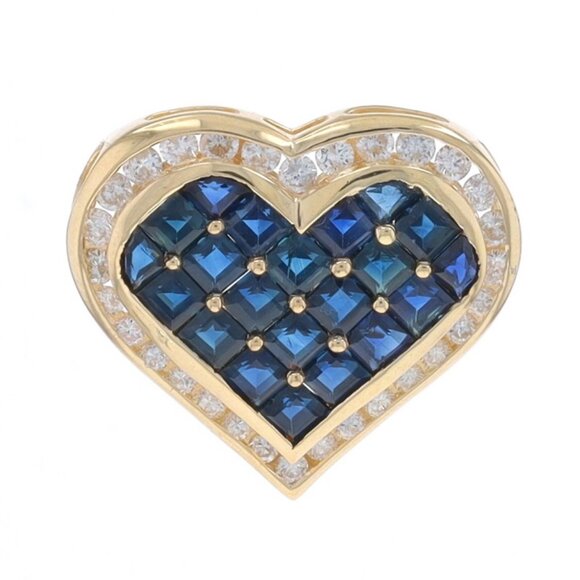 Yellow Gold Sapphire Diamond Heart Cluster Halo Pendant 14k Square & Pie 2.80ctw